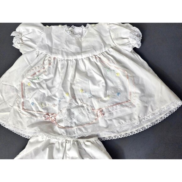 Vtg Garden Of Angels Hand Made NB Dress Bloomers Set White Embroidered Lace Trim - Picture 2 of 14
